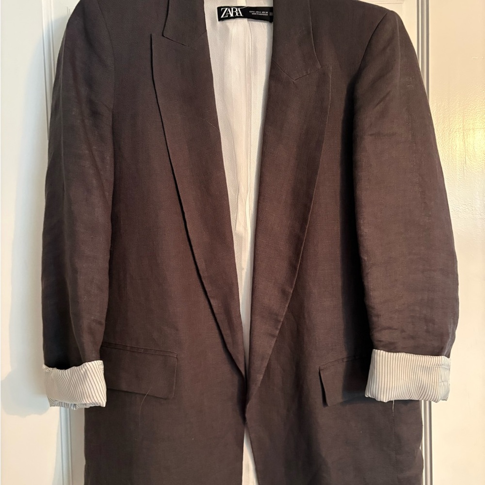 ZARA Men's Black (appears like a charcoal grey) Linen-Blend Blazer